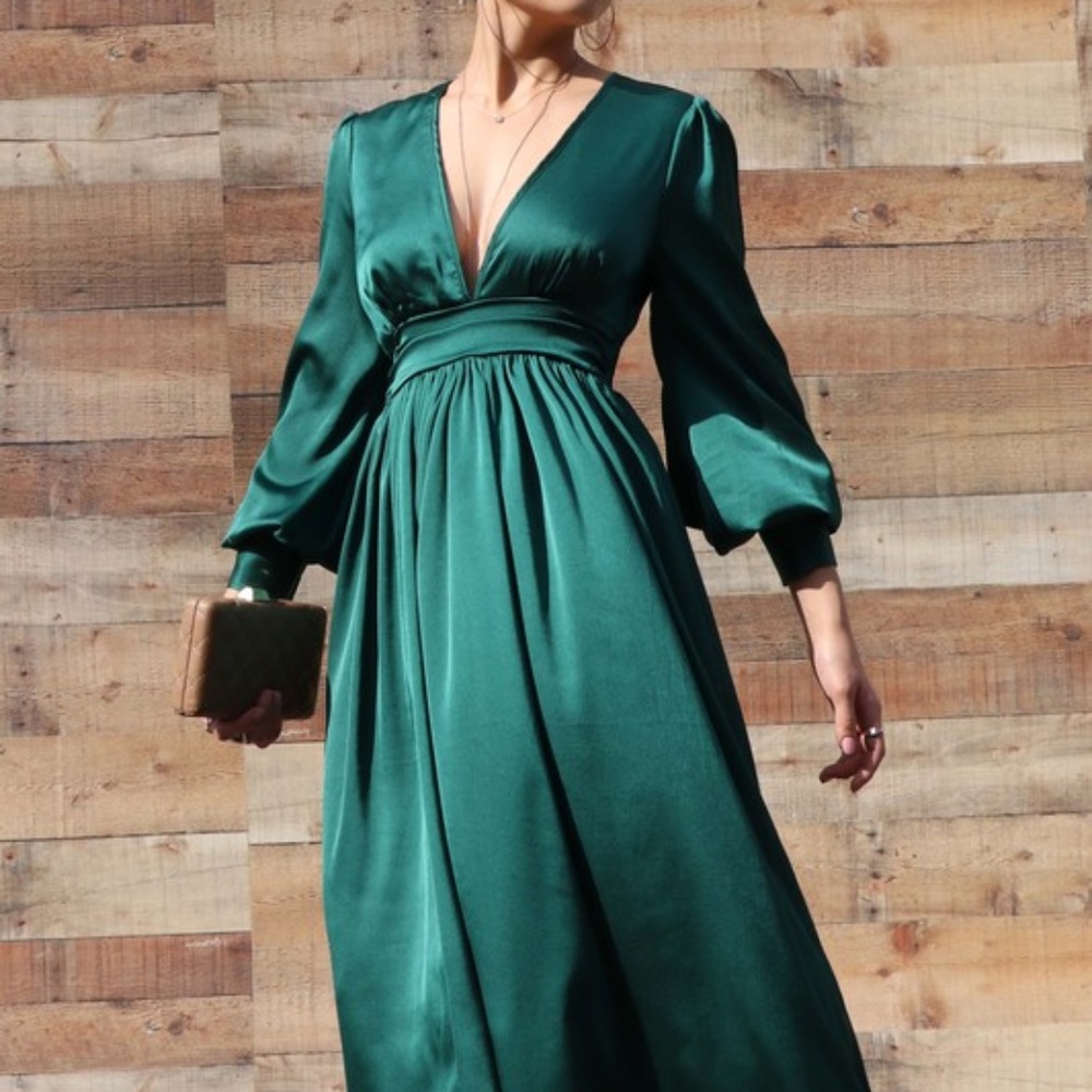 Maxi Dress Hunter Green Flowy Long Sleeve sz S M L